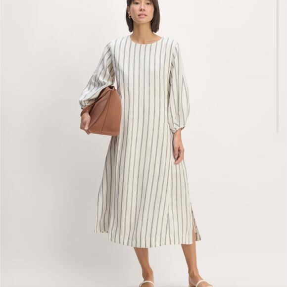 NEW Everlane The Linen A-Line Midi Dress Cream with Navy Blue Stripes - Picture 1 of 16